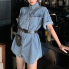 Short-sleeve Belted Mini A-line Denim Shirt Dress With Belt - Denim Blue - One Size