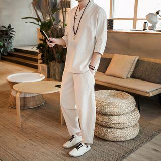 Set: 3/4-sleeve Embroidered Hanfu Top + Harem Pants