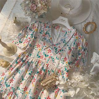 Floral Collared Short-sleeve Mini A-line Dress As Shown In Figure - One Size