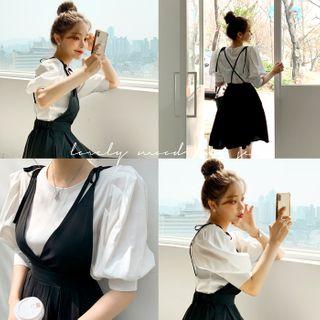 Set: Tie-strap Dress + Puff-sleeve Top Black - One Size