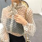 Dotted Bow Mesh Long-sleeve Blouse