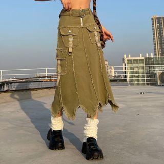 Asymmetric Frayed Midi Pencil Skirt
