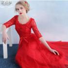 3/4-sleeve Lace Panel A-line Evening Gown