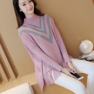 Fringe Hem Chevron Mock Neck Sweater