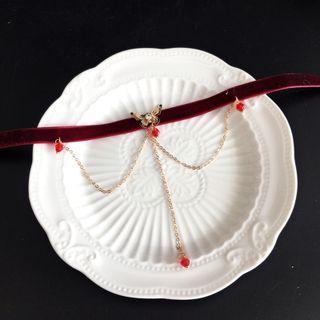 Butterfly Accent Tassel Velvet Choker Necklace Wine Red - One Size
