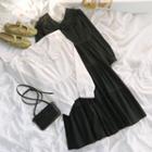 Long-sleeve Lace Top / Long-sleeve Plain Collar Midi Dress