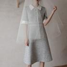 Contrast-collar Faux-pearl Midi Tweed Dress