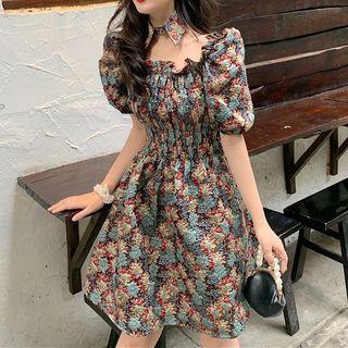 Square-neck Flower Print Dress Dress - As Figure - One Size