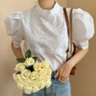 Cutout Embroidered Plain Puff Short Sleeve Shirt White - One Size