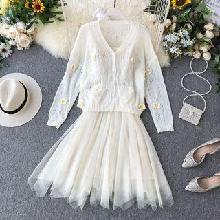 Set: Flower Pointelle Cardigan + Spaghetti Strap A-line Mesh Dress White - One Size