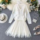 Set: Flower Pointelle Cardigan + Spaghetti Strap A-line Mesh Dress White - One Size