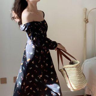 Long-sleeve Square-neck Print Slit Midi Sheath Dress