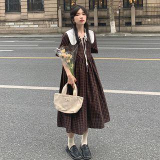 Long-sleeve Peter Pan Collar Plaid Midi A-line Dress Coffee - One Size