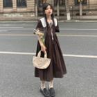 Long-sleeve Peter Pan Collar Plaid Midi A-line Dress Coffee - One Size