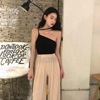 Set: Plain Camisole Top + Pleated Wide Leg Pants
