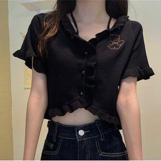 Short-sleeve Ruffle Trim Bear Embroidered Knit Top