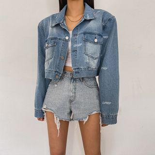 Logo-pattern Cropped Denim Jacket Blue - One Size