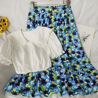 Set: Ruffled-trim Plain Shirt / Printed Midi Skirt