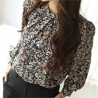 Keyhole-back Shirred Floral Blouse