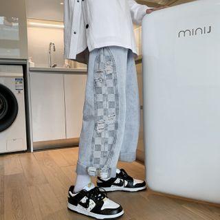 Checkerboard Print Panel Distressed Straight Leg Jeans