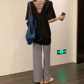 Set: Elbow-sleeve Open Back T-shirt + Striped Pants