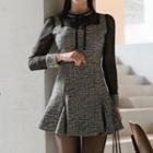 Set: Long-sleeve Sheer Panel Top + A-line Mini Skirt
