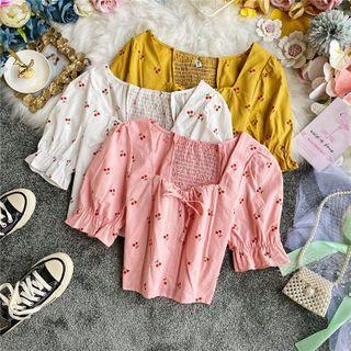 Cherry Print Square-neck Short-sleeve Cropped Blouse