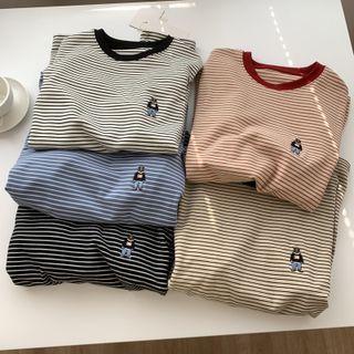 Long Sleeve Round Neck Striped Embroidered T-shirt