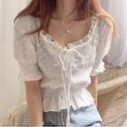 Puff Sleeve Lace-trim Eyelet Blouse As Shown In Figure - One Size