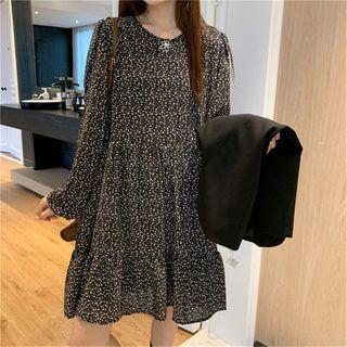 Long-sleeve Flower Print Shift Dress / Single-button Vest