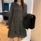 Long-sleeve Flower Print Shift Dress / Single-button Vest