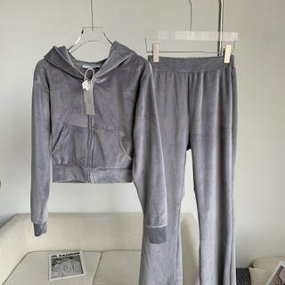 Zip-up Hoodie / High-waist Wide-leg Sweatpants / Set