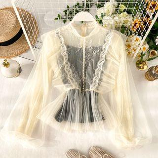 Set: Lantern-sleeve Mesh Top + Camisole