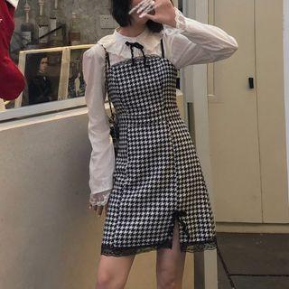 Lace Trim Blouse / Houndstooth Mini Sheath Overall Dress