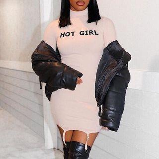 Long-sleeve Lettering Mock-neck Mini Dress