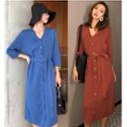 3/4-sleeve Button-front Midi Knit Dress