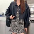 Zebra Print Spaghetti Strap Mini Dress / Faux Leather Cropped Jacket
