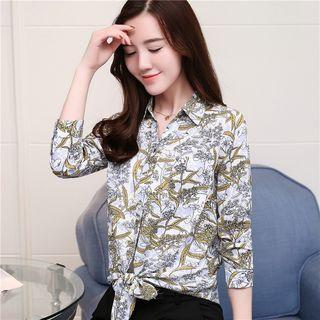 Floral Print Tie Hem Chiffon Blouse