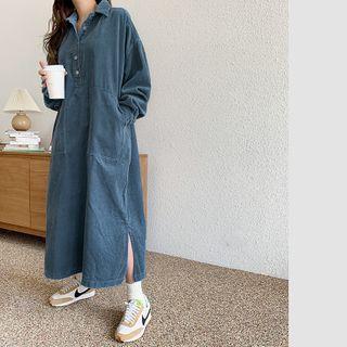 Boxy Long Corduroy Shirtdress Dark Sky Blue - One Size