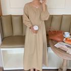 Shirred Long-sleeve Midi A-line Dress