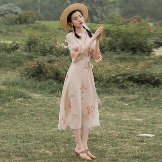 Traditional Chinese Elbow-sleeve Print Midi Dress