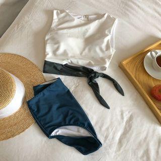 Set: Sleeveless Waist-tie Swim Top + High-waist Bottom