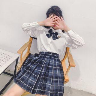 Set: Long-sleeve Ruffled Shirt + Pleated Mini A-line Plaid Skirt