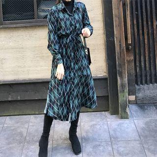 Argyle Long-sleeve Midi Shirt Dress