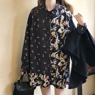 Long-sleeve Floral Print Mini A-line Shirt Dress / Double-breasted Blazer