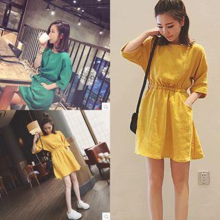 Plain 3/4-sleeve A-line Dress