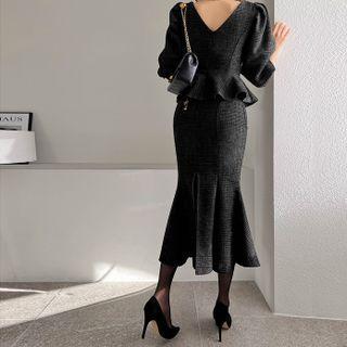 Set: Tweed Peplum Blouse + Long Mermaid Skirt