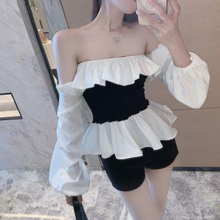 Ruffle Off-shoulder Blouse Black & White - One Size