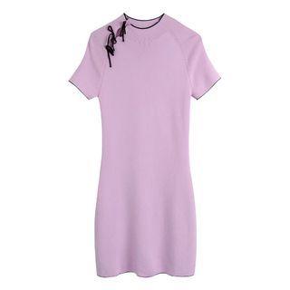 Short-sleeve Bow-accent Knit Sheath Dress