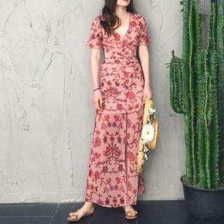 Short-sleeve Floral-print Cutout Maxi Dress